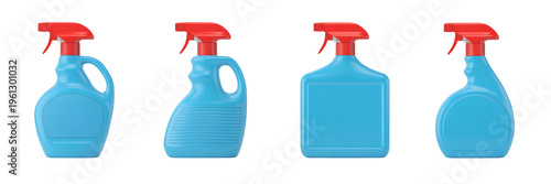 Blue cleaning spray bottles with red caps in different orientations blue bottles isolated on a transparent background