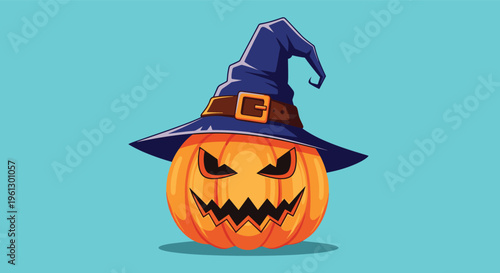 Spooky carved orange pumpkin lantern wearing a dark blue witch hat for Halloween party decoration on a blue background.