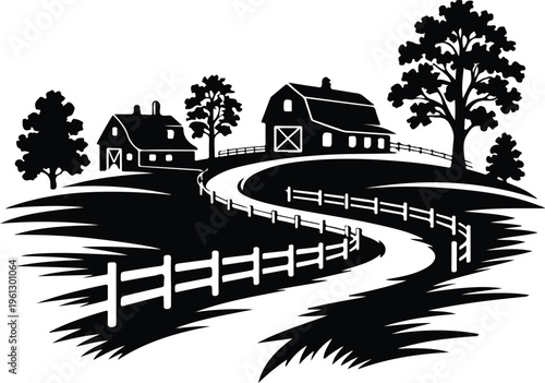 Farm landscape with barn and winding road silhouette vector illustration.
