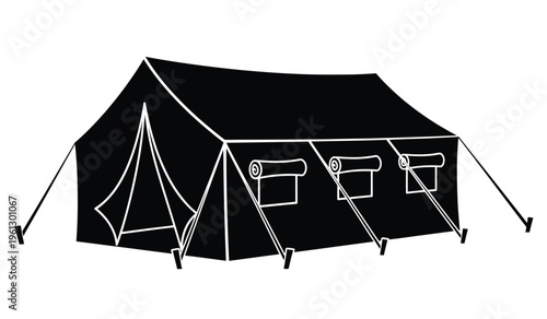 Black silhouette of a large outdoor event tent with windows and poles