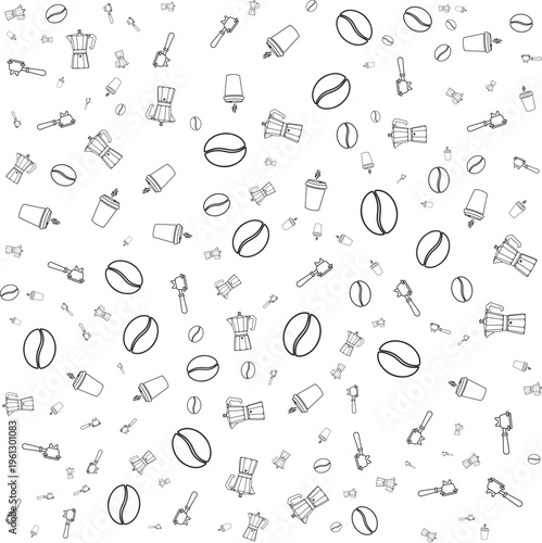 Hand drawn baby bottle, pacifier, rattle, and toy seamless pattern on white background