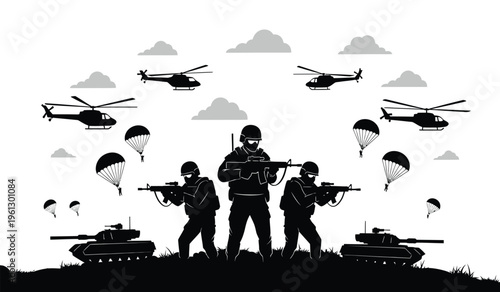Military silhouette of soldiers with guns and helicopters in the background silhouette