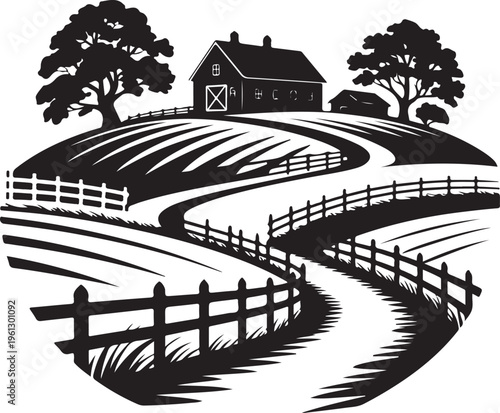 Rural agricultural field with barn and winding road vector illustration.