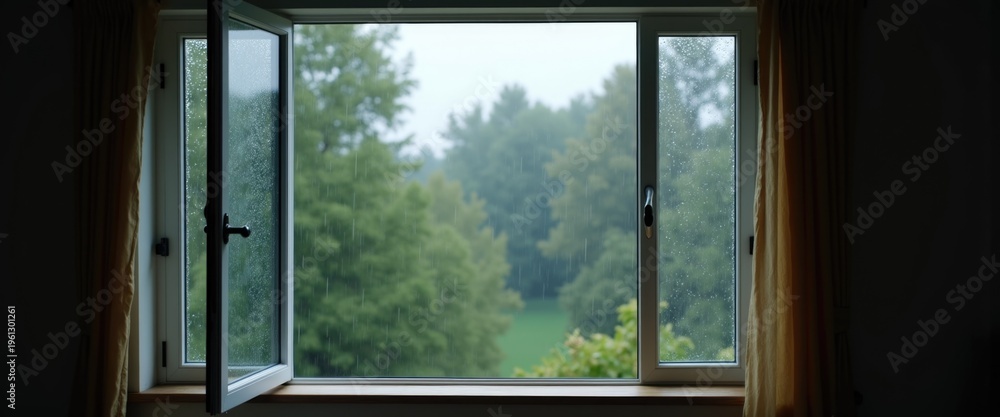 Fototapeta premium Open window with falling rain visible outside, fresh cool air and natural soundscape for better sleep