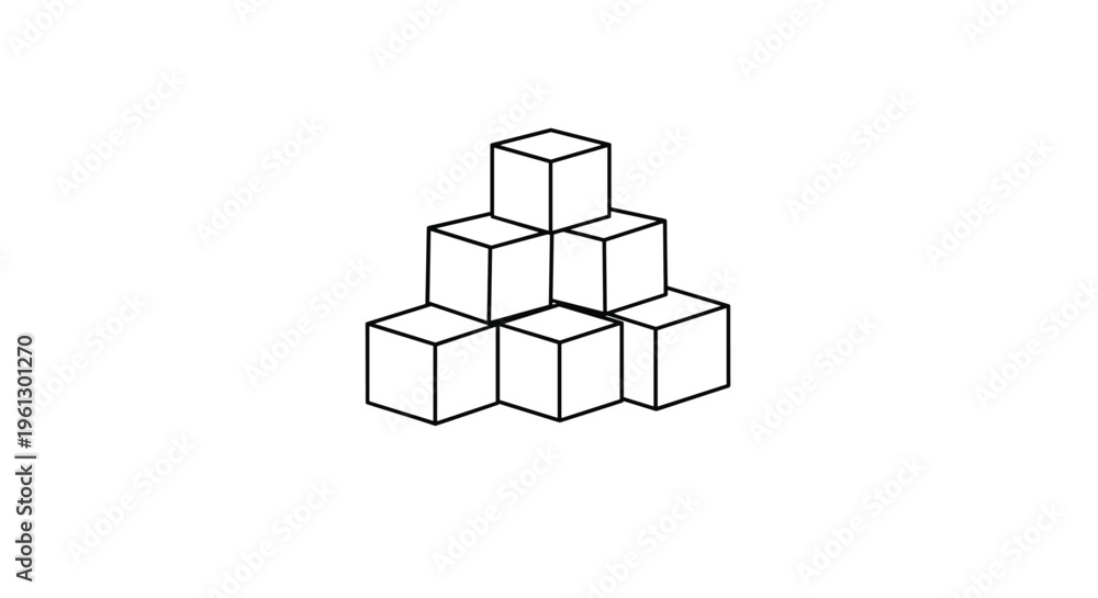 Obraz premium Seven three dimensional cubes stacked in a pyramid shape shown as a black and white line art isometric illustration.