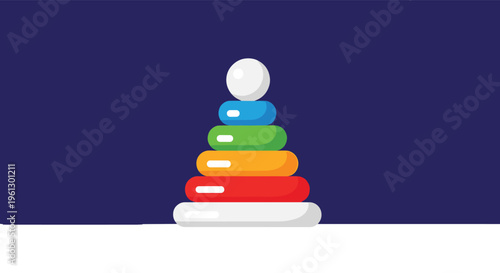 Colorful plastic stacking rings toy for toddlers with a white ball on top isolated against a dark blue background.