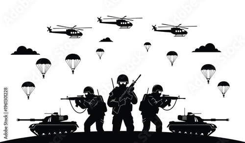 Military silhouette of soldiers with tanks and helicopters and parachutes