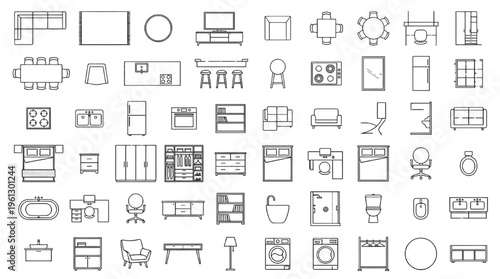 Modern Luxury Apartment Furniture Top View Icon Set – Sectional Sofa, King Bed, Kitchen Island, Walk-In Closet, Bathtub, Desk, Premium Interior Layout, Clean CAD Vector