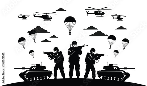 Military silhouette scene with soldiers tanks and aircraft in a combat setting silhouette