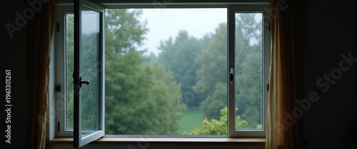 Open window with falling rain visible outside, fresh cool air and natural soundscape for better sleep