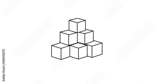 Seven three dimensional cubes stacked in a pyramid shape shown as a black and white line art isometric illustration.