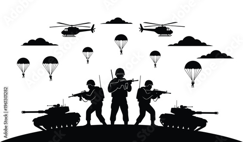 Military silhouette of soldiers with parachutes and helicopters in the background