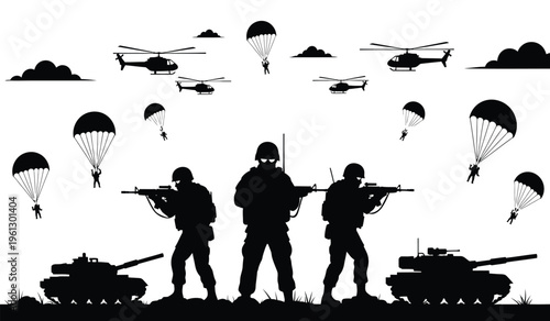 Military silhouette scene with soldiers helicopters tanks and parachutes in action