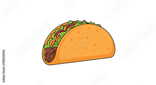 Colorful cartoon illustration of a mexican taco filled with meat, cheese, lettuce and tomatoes on a white background.