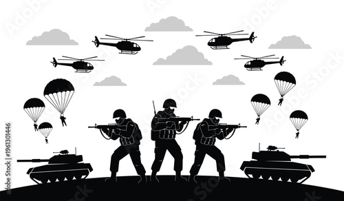 Military silhouette of soldiers with parachutes helicopters and tanks in a combat scene