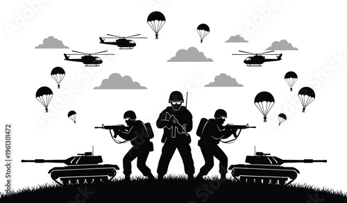 Military silhouette of soldiers with tanks and parachutes descending from helicopters