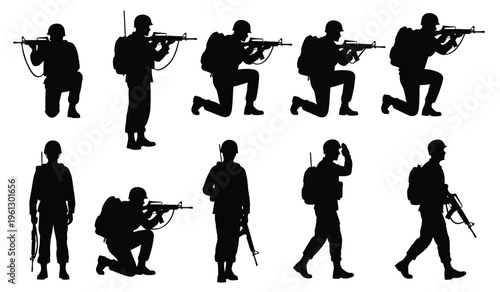 Silhouette of a soldier in various combat positions and movements