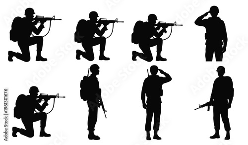Silhouette of a soldier in various combat positions and salute