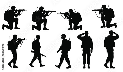 Silhouette of soldiers in various poses including kneeling and standing with guns saluting and walking with rifles silhouette