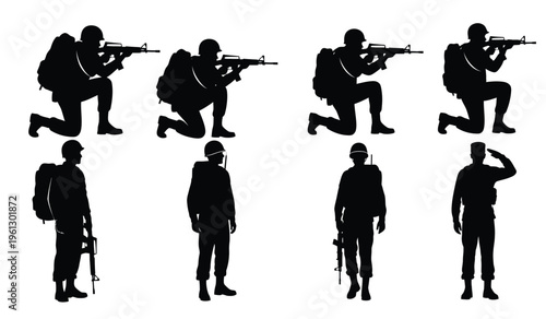 Silhouette of military personnel in various poses including shooting and saluting