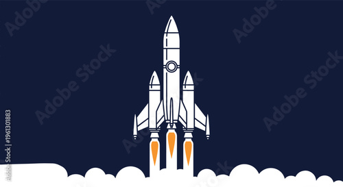 White rocket ship with boosters launching into the dark night sky with white smoke clouds in a minimalist style.