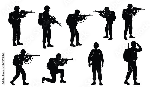 Silhouette of soldiers in various combat positions with weapons and gear silhouette