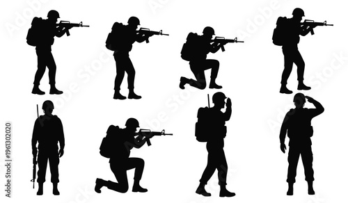Silhouette of a soldier in various combat positions showcasing military stances and actions in a clear and detailed illustration