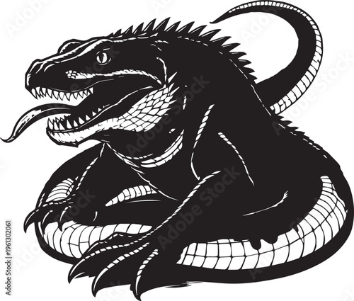  Bold Black And White Komodo Dragon Coiled With Tongue Out