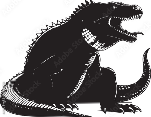 Bold Black And White Marine Iguana With Open Jaws And Spines

