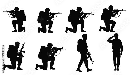 Silhouette of soldiers in various combat positions and salute black on white background