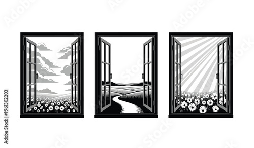 Triptych window silhouette with diverse landscapes and floral elements