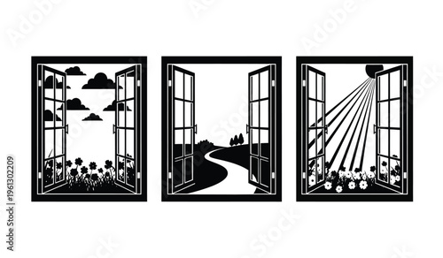 Triptych silhouette of three doorways with distinct scenes and lighting effects