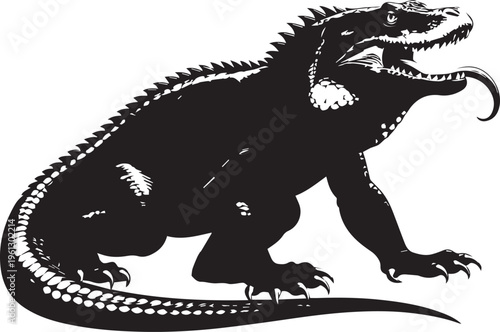  Bold Black And White Komodo Dragon With Open Mouth And Tongue