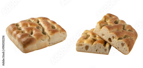 Focaccia bread with herbs sliced and unsliced isolated on a transparent background
