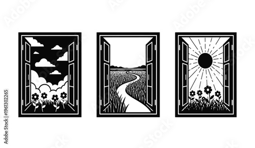 Triptych silhouette art featuring three panels with nature scenes and abstract designs in black and white