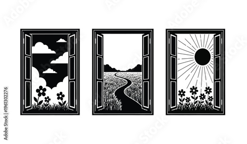 Triptych silhouette art featuring a landscape with clouds road and sun through decorative windows