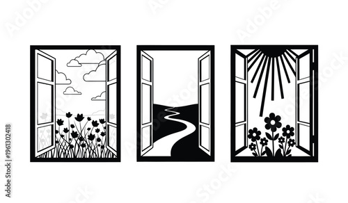 Triptych window silhouette art with floral and landscape views