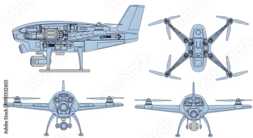 Drone AutoCAD Blueprint Vector – UAV Multiview Technical Drawing Side View Navy Blue Outline