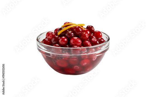 Glass bowl filled with cranberries and orange peel strips fruit isolated on a transparent background