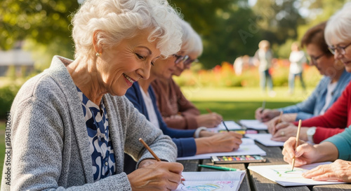 Senior women drawing in a park on a sunny day