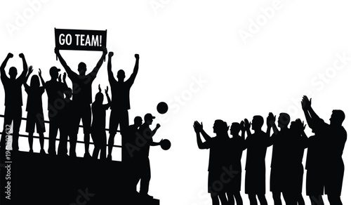 Silhouette of two groups of people cheering and supporting a team with a go team sign