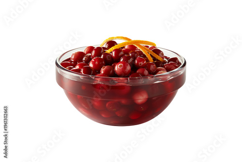 Glass bowl of cranberries with orange peel strips fruit isolated on a transparent background