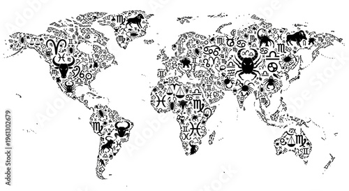 World map filled with a diverse pattern of global cultural.