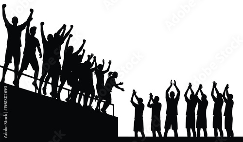 Silhouette of a group of people standing on a ledge with raised hands in celebration or triumph