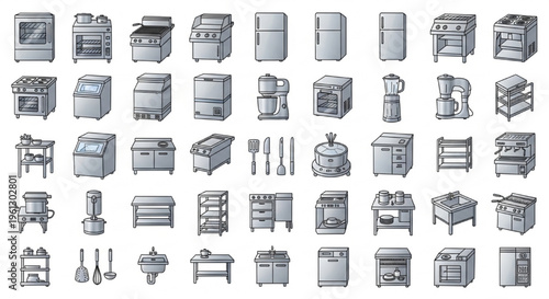 Commercial Kitchen Equipment, Restaurant Appliances, Stainless Steel, Catering Tools, Cooking Equipment Vector Collection for Modern Food Service and Industrial Culinary Workspace Design