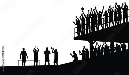 Silhouette of a crowd of people cheering on a stadium with raised hands in celebration