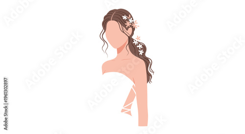 Portrait of a beautiful bride in a white dress with small flowers in her long wavy hair for wedding theme design.