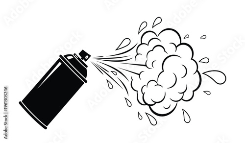 Silhouette of a spray can releasing a cloud of spray in silhouette