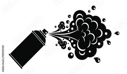 Spray can silhouette with bursting spray paint clouds and droplets