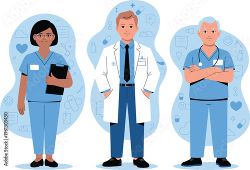 Diverse medical professionals: doctor, nurse, and surgeon posed together, medical staff